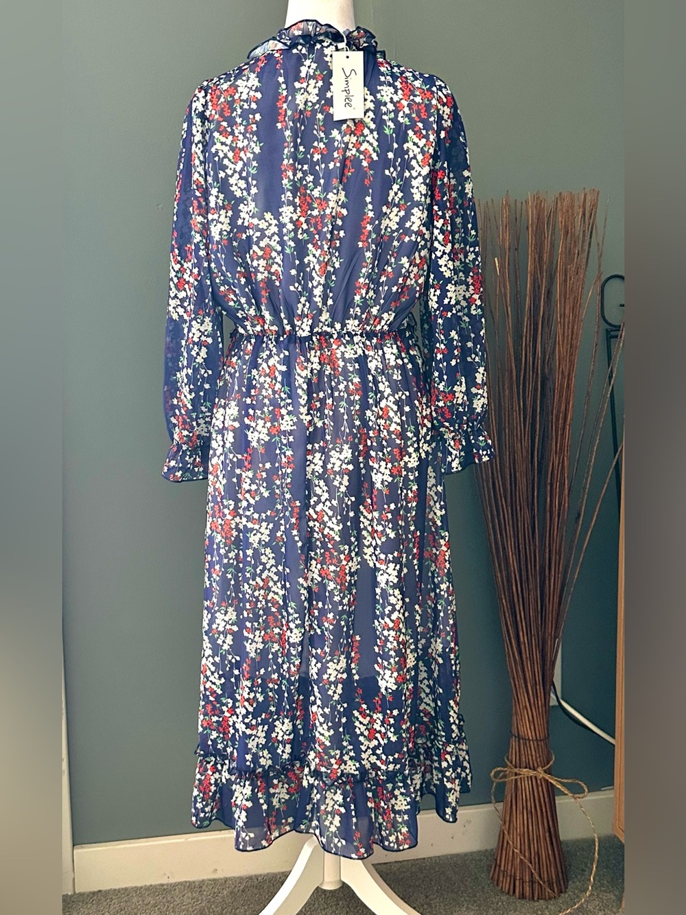 Simplee Navy Floral Ruffle Wrap Midi Dress Size M Cottagecore NWT - Picture 3 of 7
